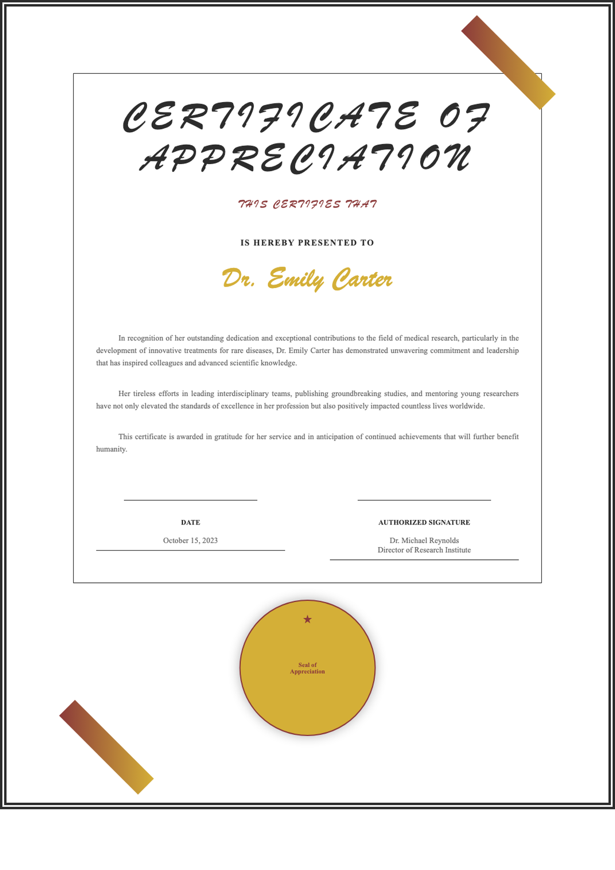 Elegant certificate of appreciation with gold and burgundy accents 2023 award seal_variant_1